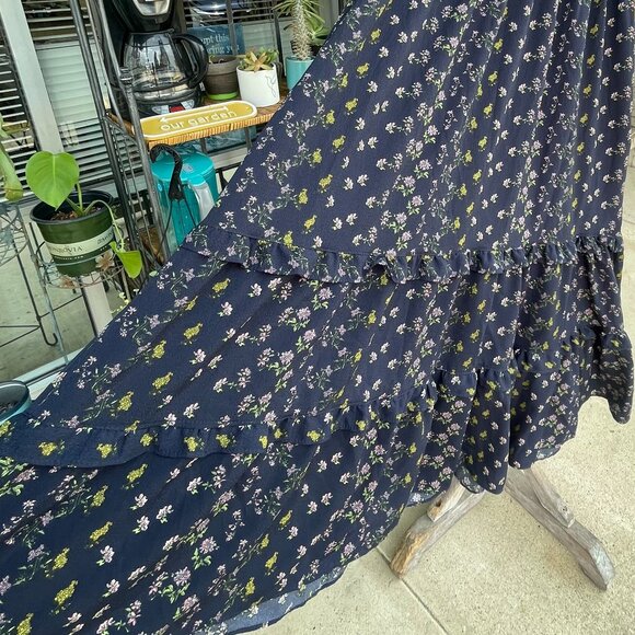 NWT Women's Large MAX STUDIO Navy Floral V-neck Empire Waist Tiered Midi Dress - Picture 10 of 16